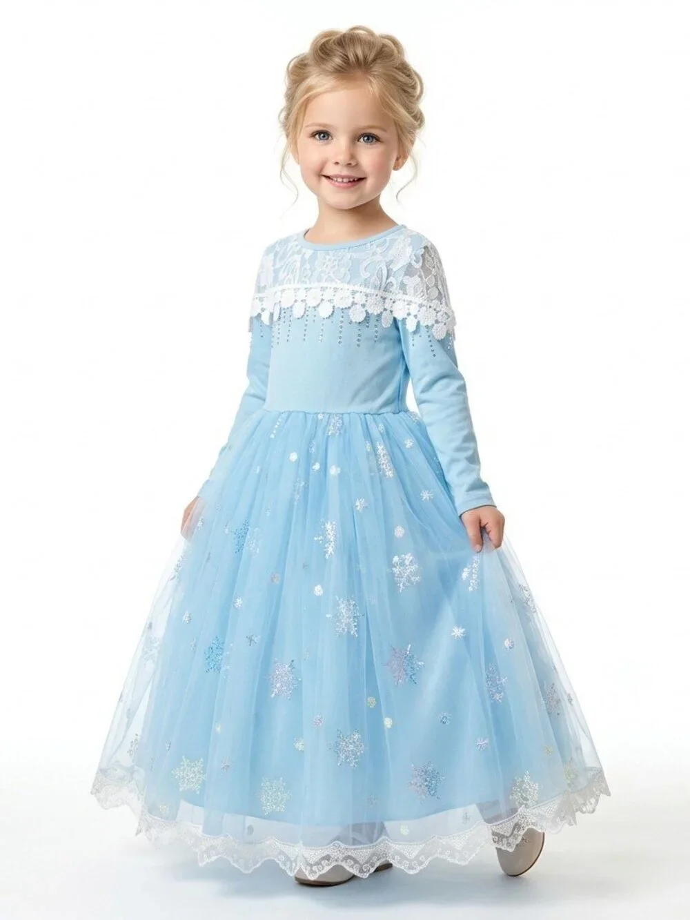Girls Elsa Frozen Princess Costume Dress Ice Blue Lace Tulle Snowflake Christmas